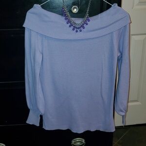 Worthington Lavender Off-Shoulder Sweater With Purple necklace